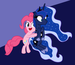 Size: 1625x1397 | Tagged: safe, artist:balister, pinkie pie, princess luna, g4, holding, shocked, smiling, wide eyes