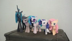 Size: 4320x2432 | Tagged: safe, dj pon-3, fluttershy, octavia melody, queen chrysalis, rarity, vinyl scratch, alicorn, earth pony, pegasus, pony, unicorn, g4, 3d print, irl, photo