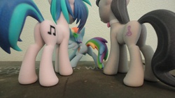 Size: 4320x2432 | Tagged: safe, dj pon-3, octavia melody, rainbow dash, vinyl scratch, earth pony, pegasus, pony, unicorn, g4, 3d print, bowtie, butt, female, mare, photo, plot