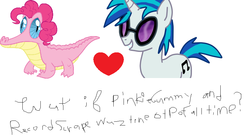 Size: 860x474 | Tagged: safe, dj pon-3, gummy, pinkie pie, vinyl scratch, g4, crack shipping, exploitable meme, female, heart, male, meme, record scrape, rule 63, ship:vinylpie, shipping, straight, wut if gummy wuz a meme