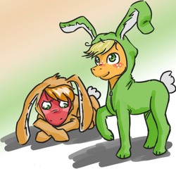 Size: 603x579 | Tagged: safe, artist:painguinlord, applejack, big macintosh, earth pony, pony, g4, bunny costume, bunny pajamas, bunnyjack, clothes, male, stallion