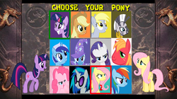 Size: 600x336 | Tagged: safe, artist:sonicthehedgehogpl, applejack, big macintosh, derpy hooves, dj pon-3, fluttershy, minuette, pinkie pie, rainbow dash, rarity, trixie, twilight sparkle, vinyl scratch, zecora, earth pony, pony, zebra, g4, character select, crossover, male, mortal kombat, stallion