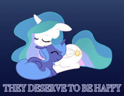 Size: 363x282 | Tagged: safe, artist:egophiliac, princess celestia, princess luna, alicorn, pony, g4, blue background, duo, eyes closed, female, filly, foal, happy, royal sisters, siblings, simple background, sisters, snuggling, text