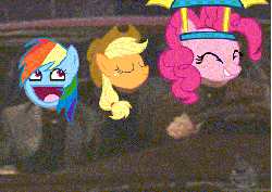 Size: 453x322 | Tagged: safe, applejack, pinkie pie, rainbow dash, g4, animated, awesome face, comedy central, female, irl, male, night at the roxbury, photo, what is love