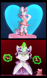 Size: 3276x5407 | Tagged: safe, artist:themaliciouskitty, sweetie belle, pony, g4, bipedal, cats don't dance, clothes, evil smile, female, grin, parody, smiling