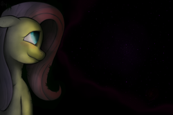 Size: 1939x1289 | Tagged: safe, artist:qsteel, fluttershy, pegasus, pony, g4, dark background, female, floppy ears, smiling, solo, stone