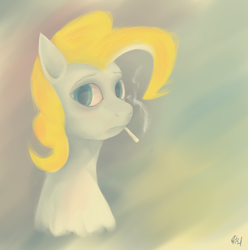 Size: 1460x1472 | Tagged: safe, artist:qsteel, surprise, pegasus, pony, g1, g4, adoraprise, blue eyes, bust, color palette challenge, cute, female, frown, g1 to g4, generation leap, limited palette, looking at you, mare, portrait, sad, sadorable, sadprise, smoking, solo, wrong eye color