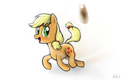 Size: 1126x733 | Tagged: safe, artist:qsteel, applejack, earth pony, pony, g4, female, running, simple background, smiling, solo, white background