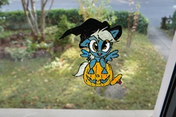 Size: 4592x3056 | Tagged: safe, artist:karnit, artist:steffy-beff, derpy hooves, pegasus, pony, g4, female, halloween, holiday, jack-o-lantern, mare, photo, pumpkin, traditional art, window