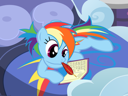 Size: 8000x6000 | Tagged: safe, artist:nightmaremoons, rainbow dash, g4, absurd resolution, bed, book, ponytail, quill, short ponytail, writing