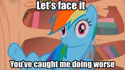 Size: 470x266 | Tagged: safe, edit, edited screencap, screencap, rainbow dash, g4, caption, image macro, impact font, implied urination, iron man, let's face it you've caught me doing worse, looking at you, meme, out of context, text, wide eyes