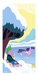 Size: 600x1176 | Tagged: safe, artist:janeesper, spike, twilight sparkle, pony, unicorn, g4, ^^, book, clothes, eyes closed, hot chocolate, ice skating, saddle, scarf, smiling, unicorn twilight, winter