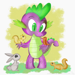 Size: 900x900 | Tagged: safe, artist:swanlullaby, spike, bird, dragon, rabbit, squirrel, g4, animal, male