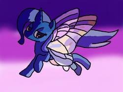 Size: 680x512 | Tagged: safe, artist:pompsu, trixie, pony, unicorn, g4, artificial wings, augmented, bedroom eyes, female, flying, magic, magic wings, mare, solo, wings