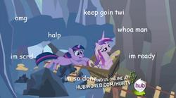 Size: 628x349 | Tagged: safe, edit, edited screencap, screencap, princess cadance, twilight sparkle, a canterlot wedding, g4, season 2, cart, comic sans, crystal caverns, duo, hub logo, image macro, minecart, this day aria