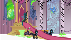 Size: 3110x1736 | Tagged: safe, artist:zimvader42, princess celestia, queen chrysalis, alicorn, changeling, changeling queen, parasprite, pony, g4, bad end, canterlot throne room, changeling officer, changeling slime, cocoon, female, hung upside down, mare, slime, the bad guy wins, throne, throne room, upside down