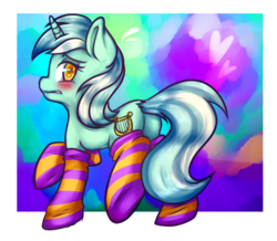 Size: 818x713 | Tagged: safe, artist:chocolath, lyra heartstrings, pony, unicorn, g4, blushing, butt, clothes, embarrassed, female, mare, plot, socks, solo, striped socks, sweat