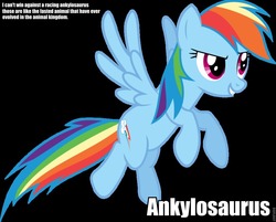 Size: 960x771 | Tagged: safe, rainbow dash, dinosaur, pegasus, pony, g4, black background, caption, female, image macro, meta, quote, raocow, simple background, solo, text