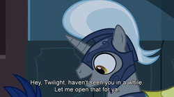 Size: 550x309 | Tagged: safe, edit, edited screencap, screencap, twilight sparkle, pony, unicorn, g4, it's about time, caption, guard, helmet, male, night guard, open mouth, out of context, royal guard, solo focus, stallion, unicorn royal guard, unnamed character, unnamed pony