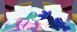 Size: 2400x1000 | Tagged: safe, artist:miss-vani, princess cadance, princess celestia, princess luna, alicorn, pony, g4, adventure in the comments, bed, cute, eyes closed, female, filly, floppy ears, mare, sisters, sleeping, trio