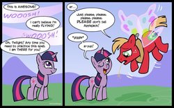 Size: 900x563 | Tagged: safe, artist:shuffle001, big macintosh, twilight sparkle, earth pony, pony, unicorn, g4, comic, dialogue, duo, eeyup, female, flying, glimmer wings, male, mare, one eye closed, speech bubble, stallion, straw in mouth, unicorn twilight, wing spell, wings, wink