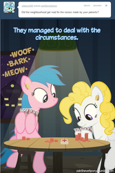 Size: 600x900 | Tagged: safe, artist:adiwan, doctor fauna, firefly, surprise, ask the vet pony, g1, g4, ask, card, chips, ear plugs, g1 to g4, generation leap, noise, poker, tumblr