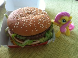 Size: 1280x956 | Tagged: safe, artist:eminencegris, fluttershy, g4, big mac (burger), burger, hamburger, irl, mcdonald's, photo, pun, toy