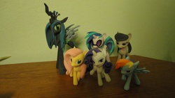 Size: 4320x2432 | Tagged: safe, dj pon-3, fluttershy, octavia melody, queen chrysalis, rainbow dash, rarity, vinyl scratch, pony, g4, 3d print, photo