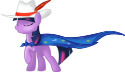 Size: 1600x925 | Tagged: safe, artist:tamalesyatole, mare do well, twilight sparkle, pony, unicorn, g4, cape, clothes, eyes closed, feathered hat, female, hat, mare, raised hoof, simple background, solo, transparent background, unicorn twilight, vector