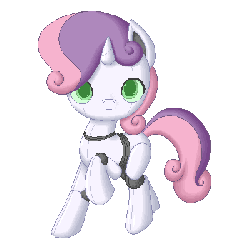 Size: 400x400 | Tagged: safe, artist:jdan-s, sweetie belle, pony, robot, robot pony, unicorn, g4, animated, blank flank, cute, diasweetes, female, filly, foal, gif, green eyes, hooves, horn, looking at you, raised hoof, simple background, solo, sweetie bot, transparent background