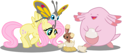 Size: 821x364 | Tagged: safe, artist:seaandsunshine, fluttershy, beautifly, buneary, chansey, pegasus, pony, g4, birth, crossover, eggshell, female, hatching, mare, pokémon, raised hoof, simple background, spread wings, transparent background, vector, wings