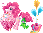 Size: 138x107 | Tagged: safe, artist:tinuleaf, gummy, pinkie pie, earth pony, pony, g4, balloon, cupcake, female, food, mare, pixel art, simple background, transparent background