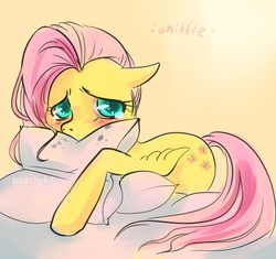 Size: 600x563 | Tagged: safe, artist:peachykit, fluttershy, pegasus, pony, g4, blushing, crying, cute, female, floppy ears, folded wings, looking at you, lying down, mare, pillow, prone, sad, sadorable, shyabetes, solo, teary eyes, wings
