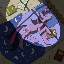 Size: 1500x1500 | Tagged: safe, artist:rumblealex, twilight sparkle, pony, unicorn, g4, bed, book, dark, female, golden oaks library, high angle, lucid dreaming, on side, sleeping, solo