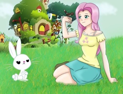 Size: 803x615 | Tagged: safe, artist:sirooni, angel bunny, fluttershy, bird, g4, clothes, cottage, humanized, skirt