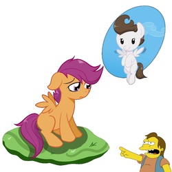 Size: 1051x1051 | Tagged: safe, pound cake, scootaloo, g4, abuse, floppy ears, flying, frown, male, nelson muntz, open mouth, sad, scootabuse, scootaloo can't fly, scootasad, sitting, smiling, the simpsons