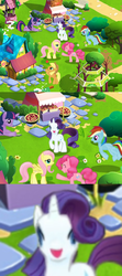 Size: 1024x2304 | Tagged: safe, gameloft, applejack, fluttershy, pinkie pie, rainbow dash, rarity, twilight sparkle, earth pony, pegasus, pony, unicorn, g4, my little pony: magic princess, 3d, apple, applejack's hat, bench, blue coat, blue fur, book, bush, cherry, cowboy hat, cursed image, faic, flower, flying, folded wings, food, game, gameloft shenanigans, gazebo, hat, horn, house, looking at camera, looking at you, looking down, looking up, lying down, mane six, mobile game, orange coat, orange fur, path, pink coat, pink fur, pink mane, pink tail, prone, purple coat, purple fur, purple mane, purple tail, rainbow tail, rarara, reading, tail, tenso, tree, unicorn twilight, video game, waving, well, white coat, white fur, wings, wings down, yellow coat, yellow fur, yellow mane, yellow tail, zoomed in