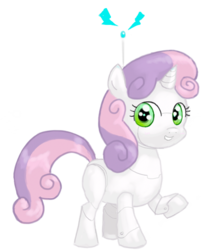 Size: 423x523 | Tagged: safe, artist:hetdegon, sweetie belle, pony, robot, unicorn, g4, blank flank, female, filly, foal, hooves, horn, simple background, smiling, solo, sweetie bot, teeth, transparent background