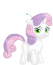 Size: 423x523 | Tagged: safe, artist:hetdegon, sweetie belle, pony, robot, unicorn, g4, blank flank, female, filly, floppy ears, foal, hooves, horn, sad, simple background, solo, sweetie bot, transparent background