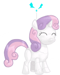 Size: 423x523 | Tagged: safe, artist:hetdegon, sweetie belle, pony, robot, unicorn, g4, blank flank, eyes closed, female, filly, foal, hooves, horn, simple background, smiling, solo, sweetie bot, transparent background