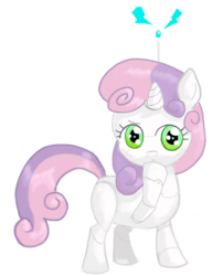 Size: 423x523 | Tagged: safe, artist:hetdegon, sweetie belle, pony, robot, unicorn, g4, blank flank, female, filly, foal, hooves, horn, looking at you, simple background, solo, sweetie bot, touching face, transparent background