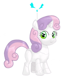 Size: 423x523 | Tagged: safe, artist:hetdegon, sweetie belle, pony, robot, unicorn, g4, blank flank, female, filly, foal, hooves, horn, looking at you, simple background, smiling, solo, sweetie bot, transparent background