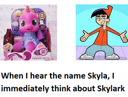 Size: 558x425 | Tagged: safe, princess skyla, alicorn, human, pony, g4, season 3, bedroom eyes, chip skylark, crossover, female, gritted teeth, hub logo, male, mare, meta, photo, solo