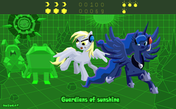 Size: 1920x1200 | Tagged: safe, artist:buzucat, derpy hooves, princess luna, pegasus, pony, gamer luna, g4, adventure time, crossover, female, male, mare, pixiv