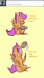 Size: 632x1110 | Tagged: safe, artist:feathersandink, scootaloo, g4, ask, comic, pie, that scootaloo, tumblr