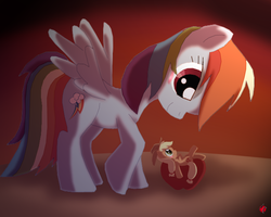 Size: 3000x2400 | Tagged: dead source, safe, artist:animax-cartoon, applejack, rainbow dash, earth pony, pegasus, pony, g4, apple, appletini, don't you dare eat me!, don't you dare step on me, duo, food, high res, micro