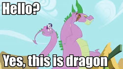 Size: 613x346 | Tagged: safe, edit, edited screencap, screencap, rarity, spike, dragon, pony, unicorn, g4, adult spike, caption, coils, female, image macro, male, mare, spikezilla