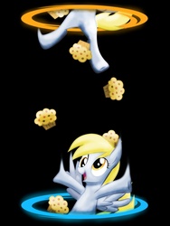 Size: 1800x2400 | Tagged: safe, artist:grimmcheater, derpy hooves, pegasus, pony, g4, female, mare, muffin, portal, portal (valve)