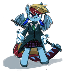 Size: 554x601 | Tagged: safe, artist:kevinsano, rainbow dash, anthro, unguligrade anthro, g4, alternate hairstyle, crossover, maka albarn, scythe, solo, soul eater, twintails, weapon