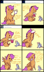 Size: 2060x3359 | Tagged: safe, artist:feathersandink, rainbow dash, scootaloo, ask that scootaloo, g4, ask, comic, drink, drinking, female, heart, high res, plushie, that scootaloo, tumblr